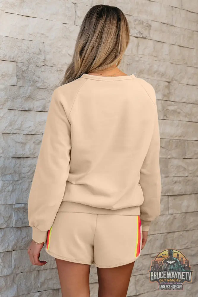 Ensemble Deux Pièces Femme – Pull Col Rond & Short à Rayures · Style Décontracté Casual - Ensemble Femme