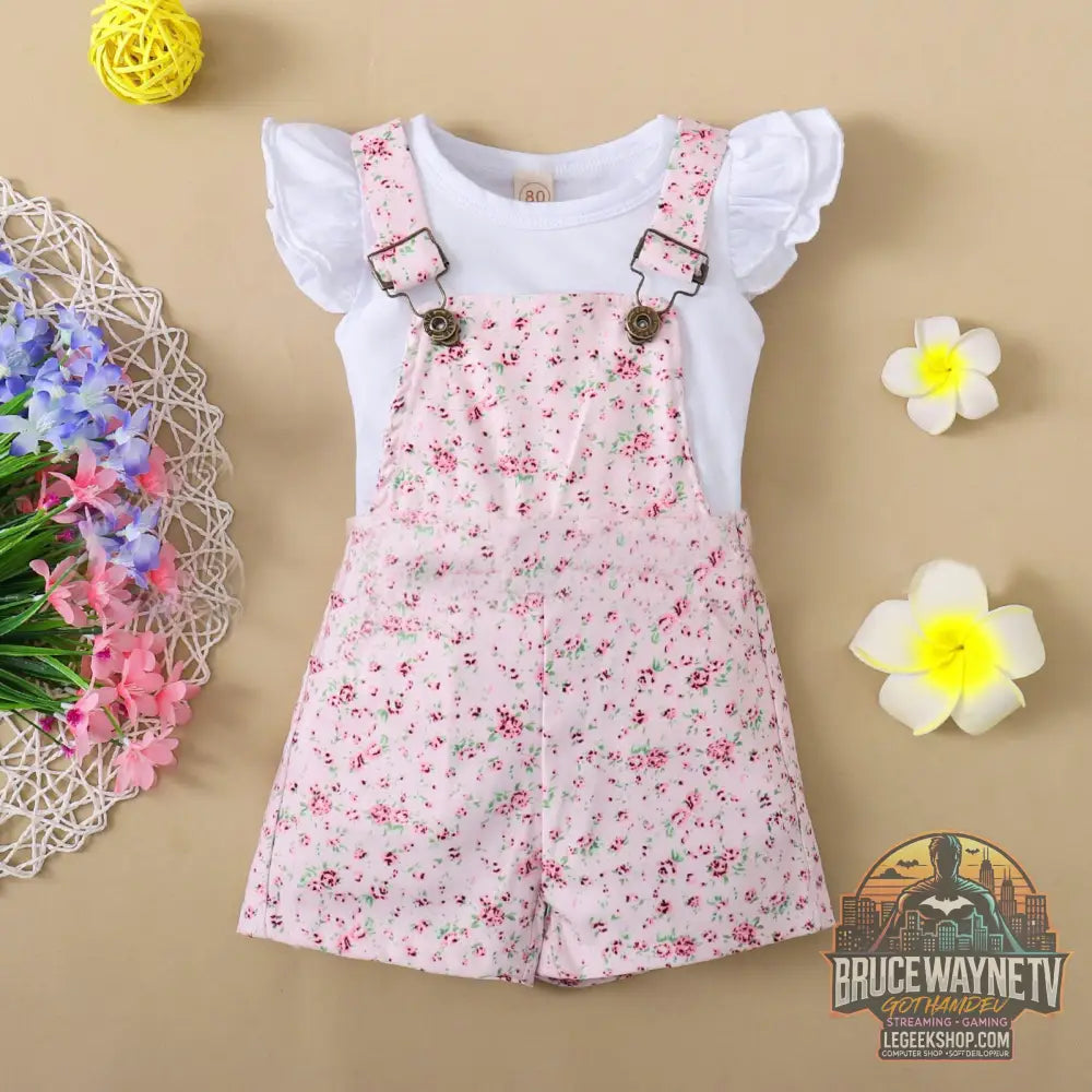 Ensemble Enfant 2 Pièces T-Shirt Volants Pantalon Bretelles Floral - Pink / 80cm - Ensemble Enfant