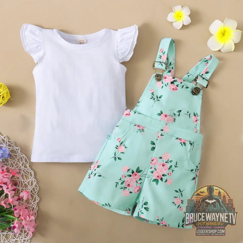 Ensemble Enfant 2 Pièces T-Shirt Volants Pantalon Bretelles Floral - Ensemble Enfant