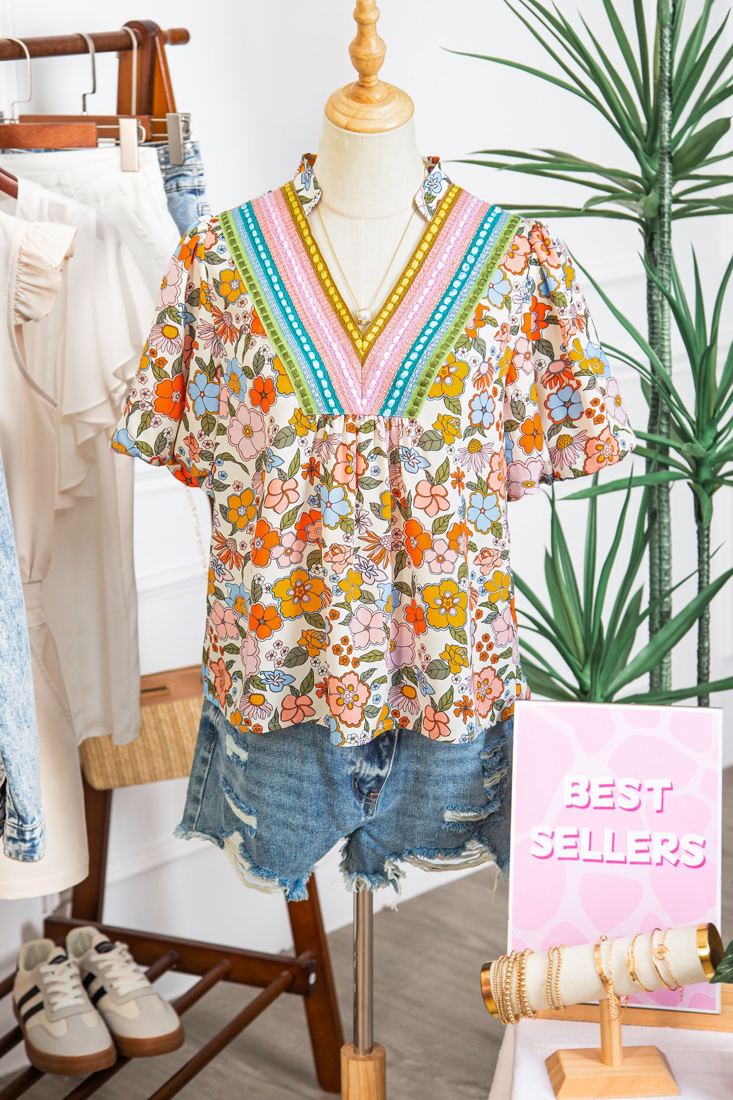 Multicolour Crochet V Neckline Puff Sleeve Boho Flower Blouse