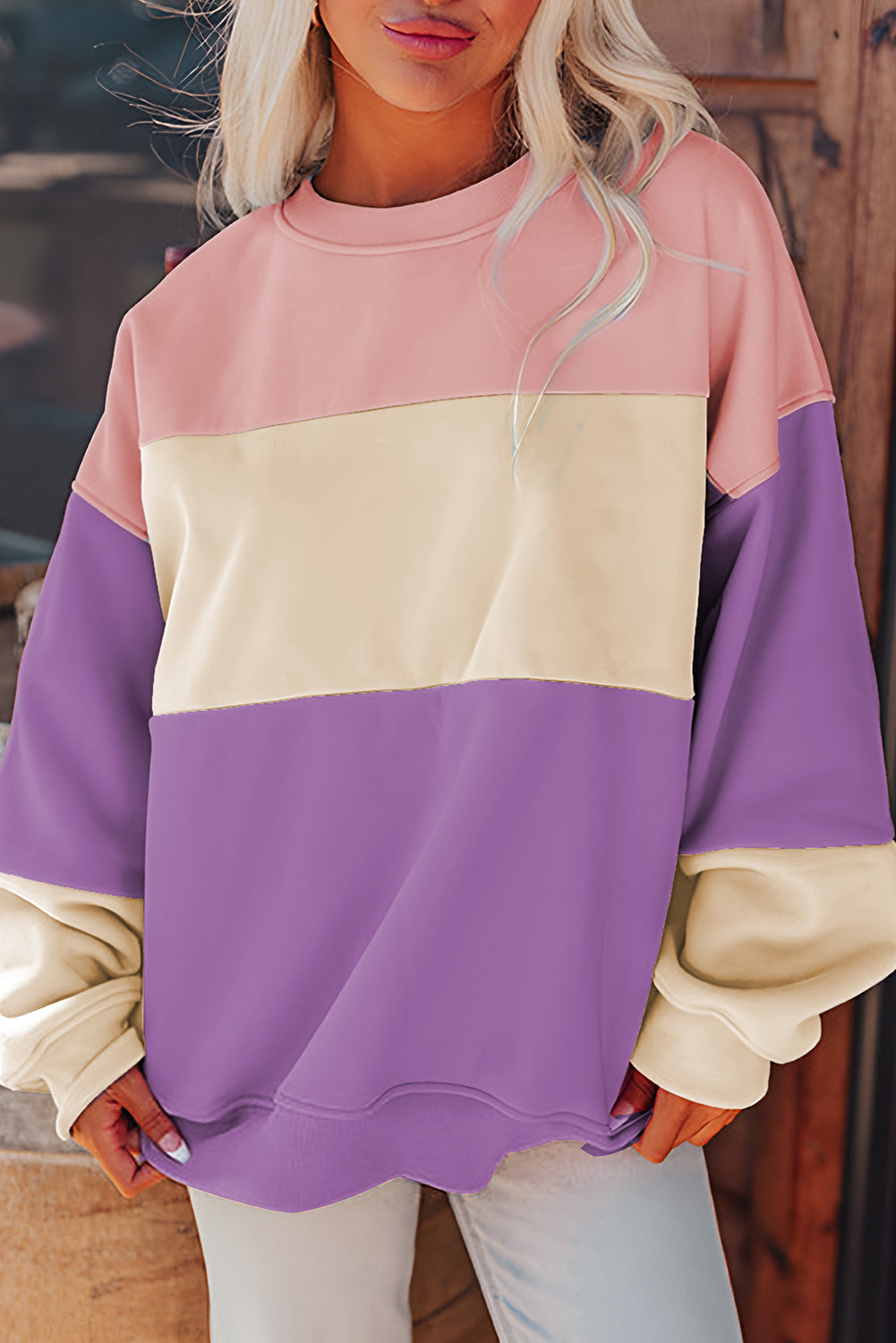 Sweat femme patchwork, épaules tombantes, colorblock · LC25317584-P1208 · LC25317584-P1208-2XL