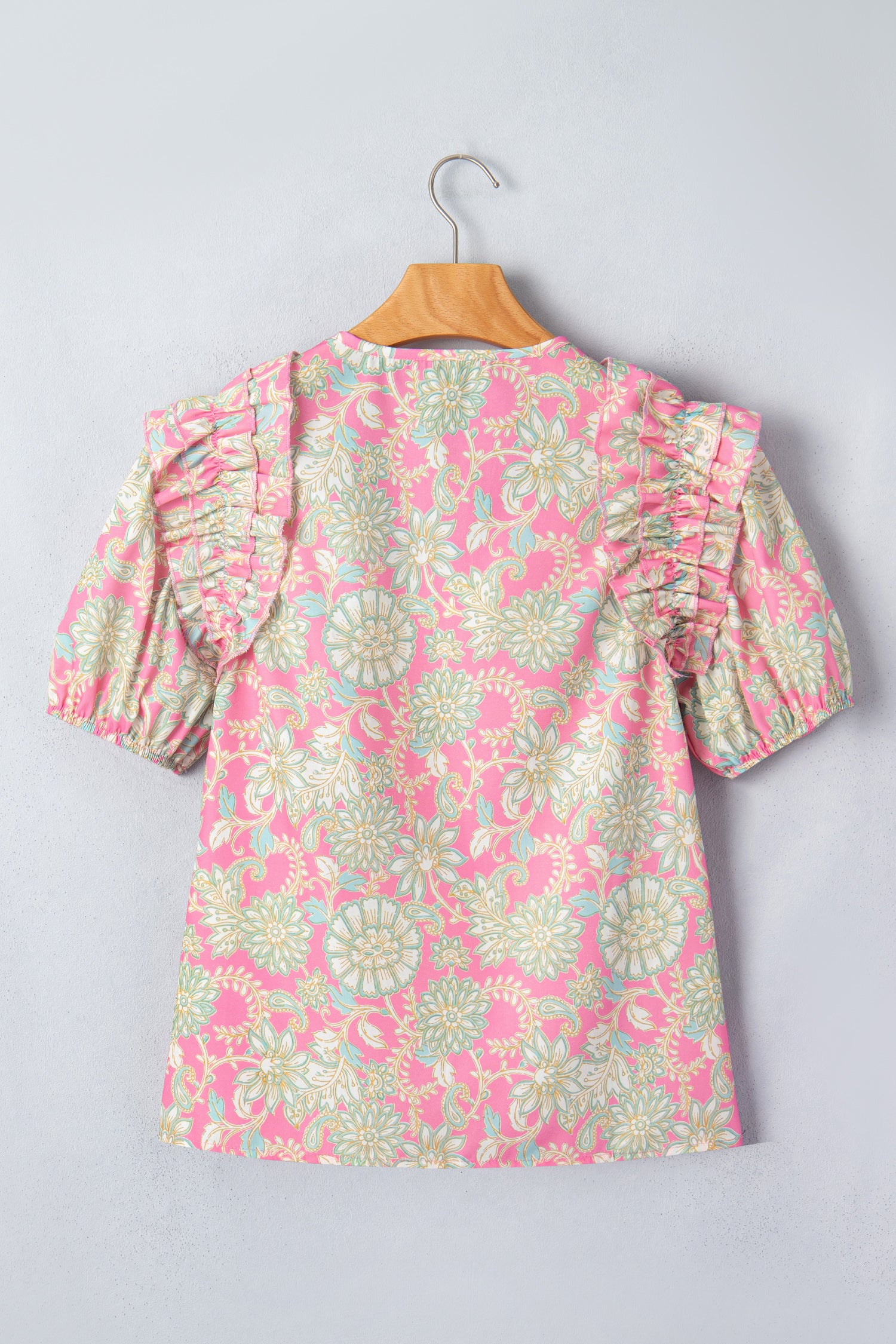 Pink Tie V Neck Floral Short Puff Sleeve Blouse