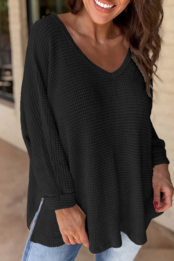 Haut femme gaufré, en maille, col V, ample — noir