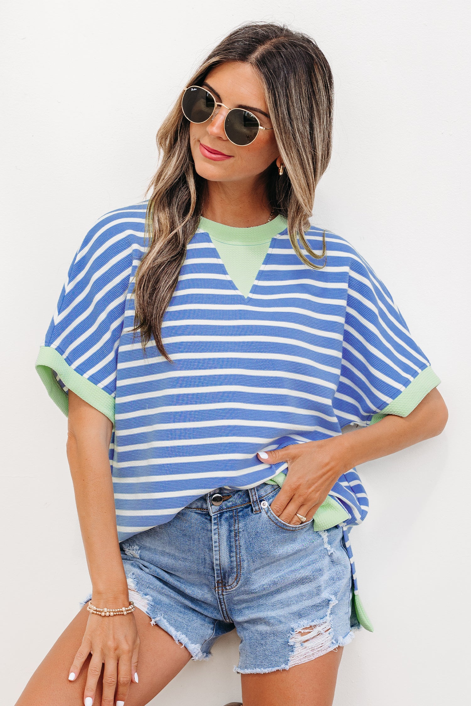 Pink Stripe Contrast Trim Loose Short Sleeve Top