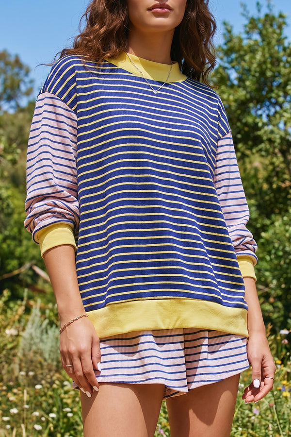 Blue Stripe Contrast Long Sleeve Crew Neck Pullover Top