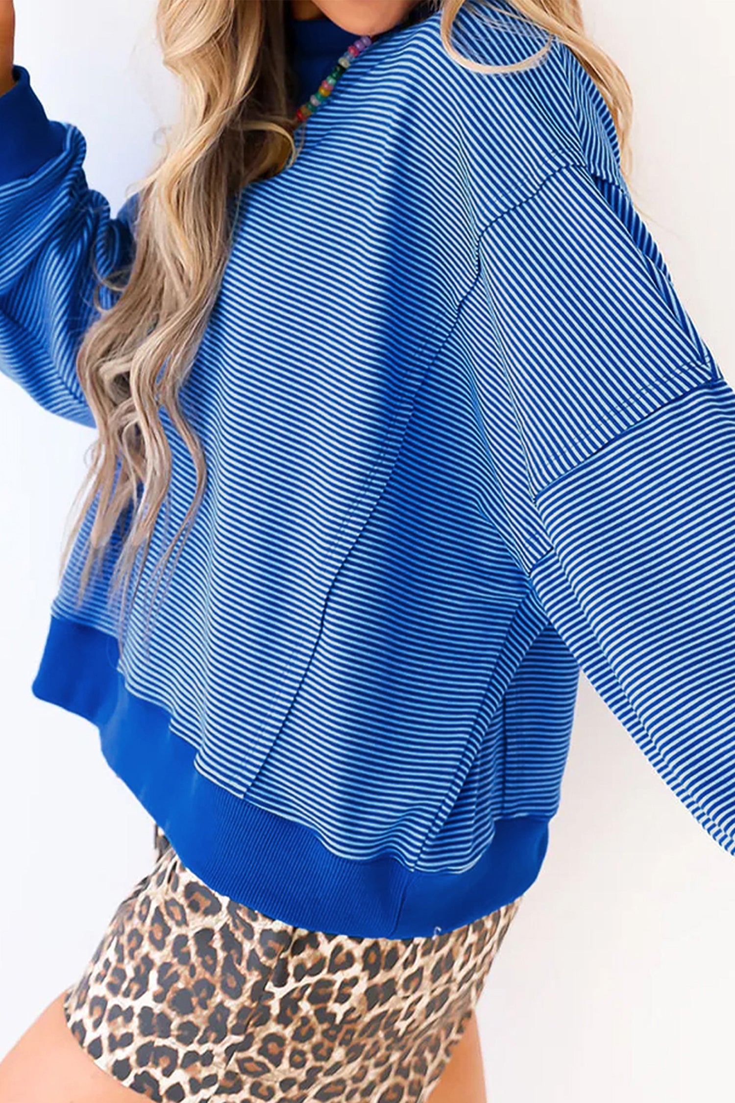 Blue Stripe Ribbed Cuffs Hem Long Sleeve Pullover Top