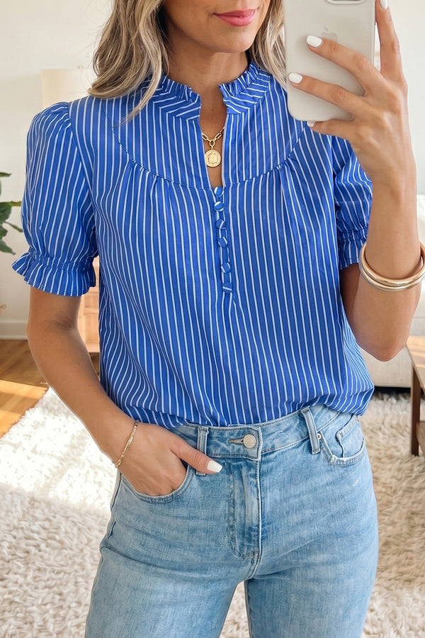 Blue Stripe Ruffled Short Puff Sleeve Button Front Blouse