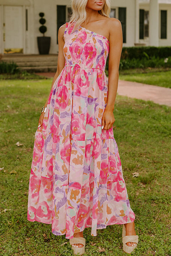 Robe longue femme floral, smocké, maxi — rose