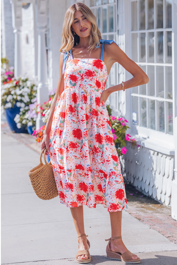 Robe femme floral, bretelles, taille haute, denim — rouge