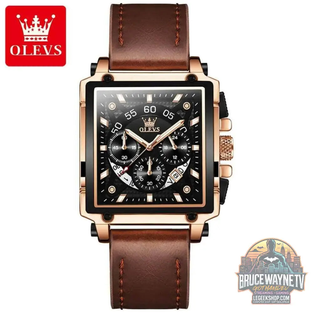 Montre à quartz carrée étanche avec bracelet en cuir pour homme, chronographe et fonction calendrier, marque supérieure | OLEVS - Legeekshop