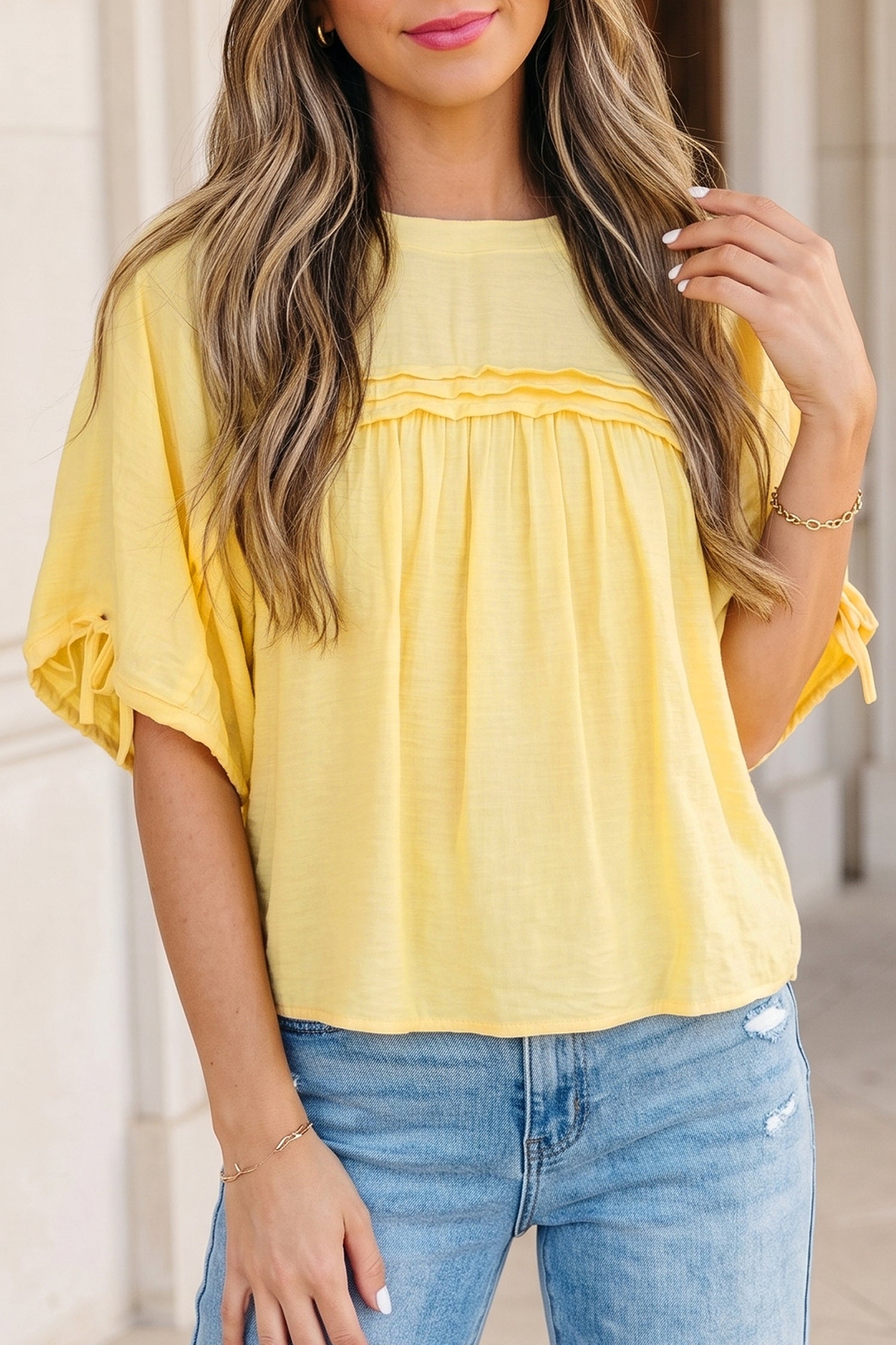 Yellow Cream Tie Half Sleeve Pleated Detail Babydoll Blouse
