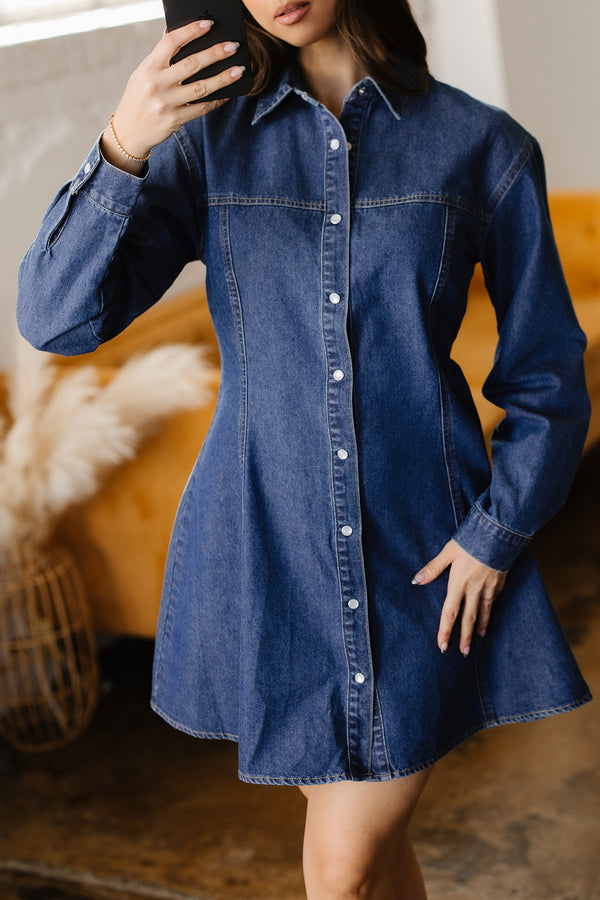 Robe courte femme manches longues, denim — bleu