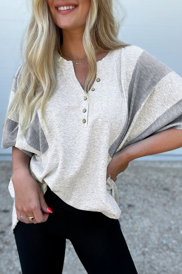 Dearlovers Light Grey Two Tone Contrast Waffle Knit Patched Buttoned V Neck Top