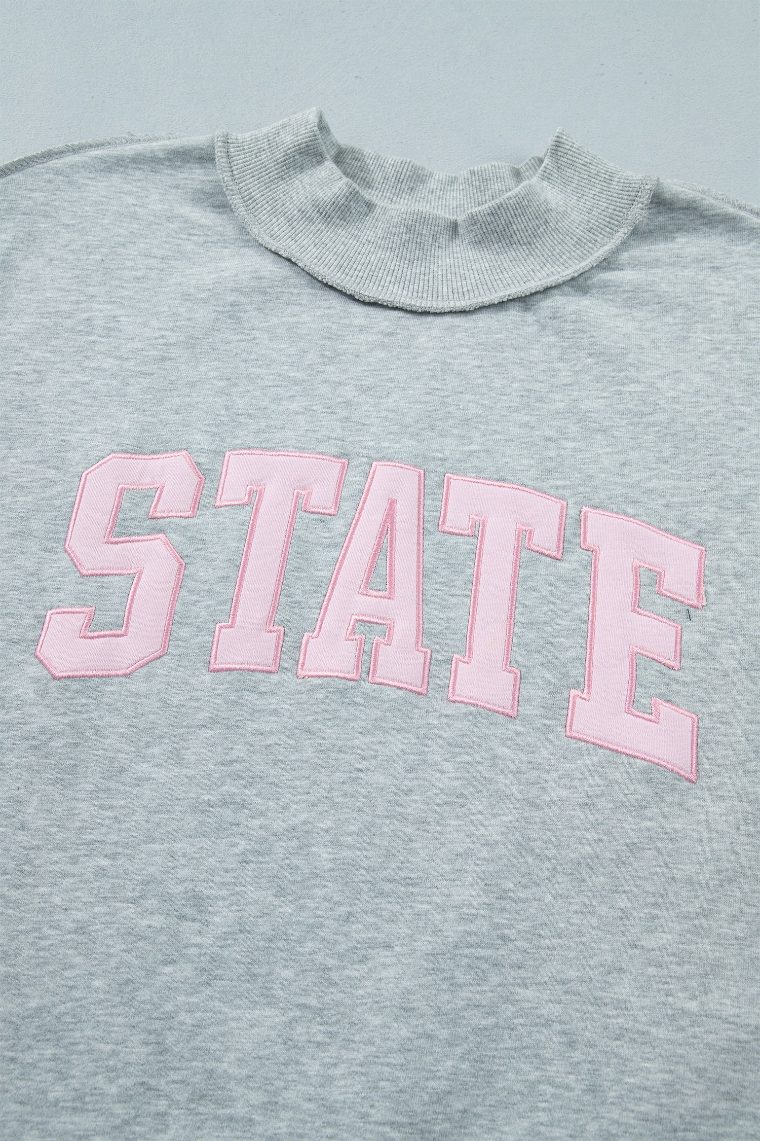 Light Grey Exposed Seam Mock Neck STATE Letter Graphic Loose Sweatshirt