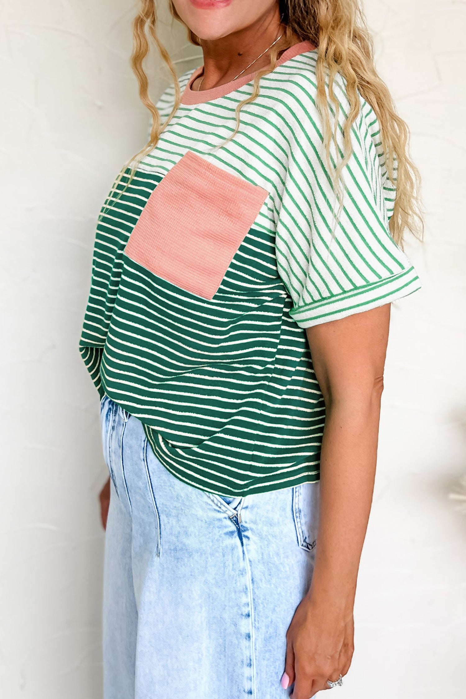 Green Stripe Contrast Print Color Block Detail Relaxed Tee