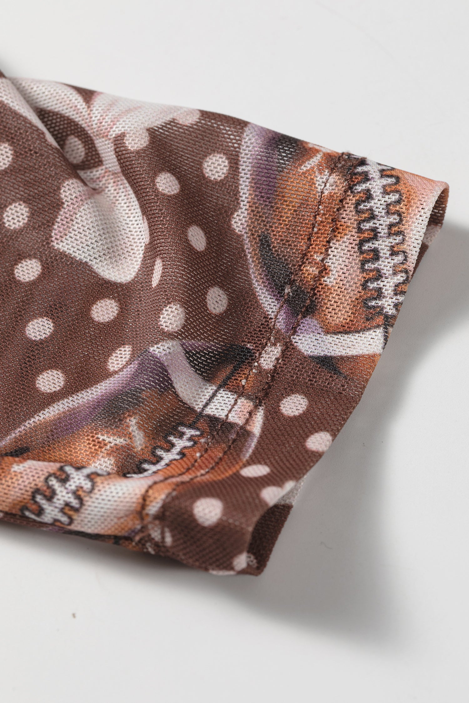 Brown Polka Dot Bow Football Print Long Sleeve Mesh Top