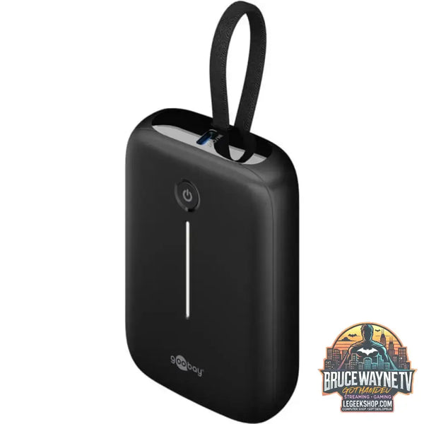 goobay Powerbank 10.000 mAh, integriertes USB-C Kabel 13cm, 20 Watt schwarz, 10 Ah, 1x USB-A, 2x USB-C, PD, QC - Stromquelle: USB-C