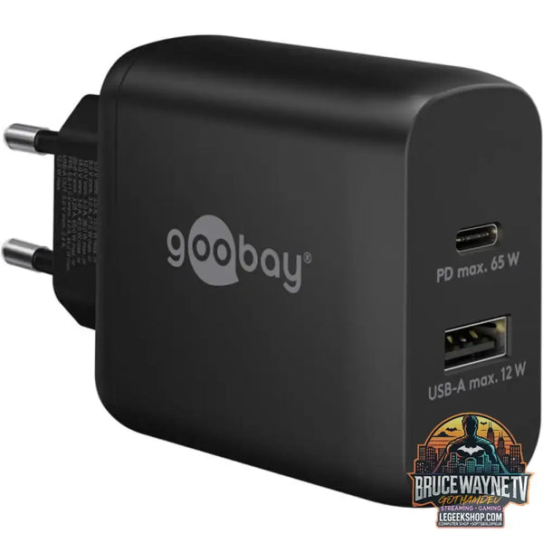 goobay USB-C Dual-Schnellladegerät, PD, GaN, 65 Watt schwarz, 1x USB-C, 1x USB-A, Power Delivery - goobay