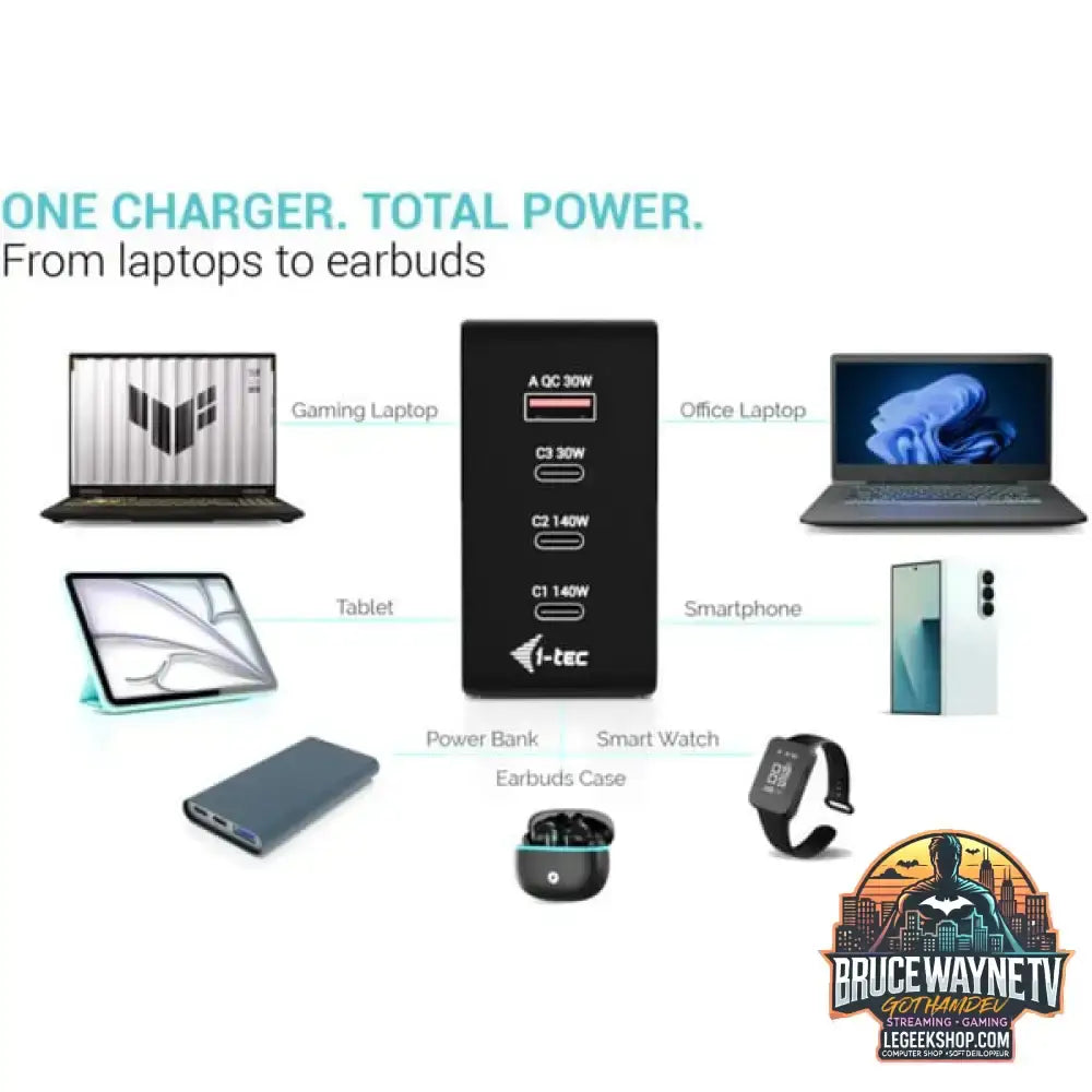 i-tec 140W Intelligent Multiport USB Charger, Ladegerät schwarz - Stromquelle: Steckdose - vue 5