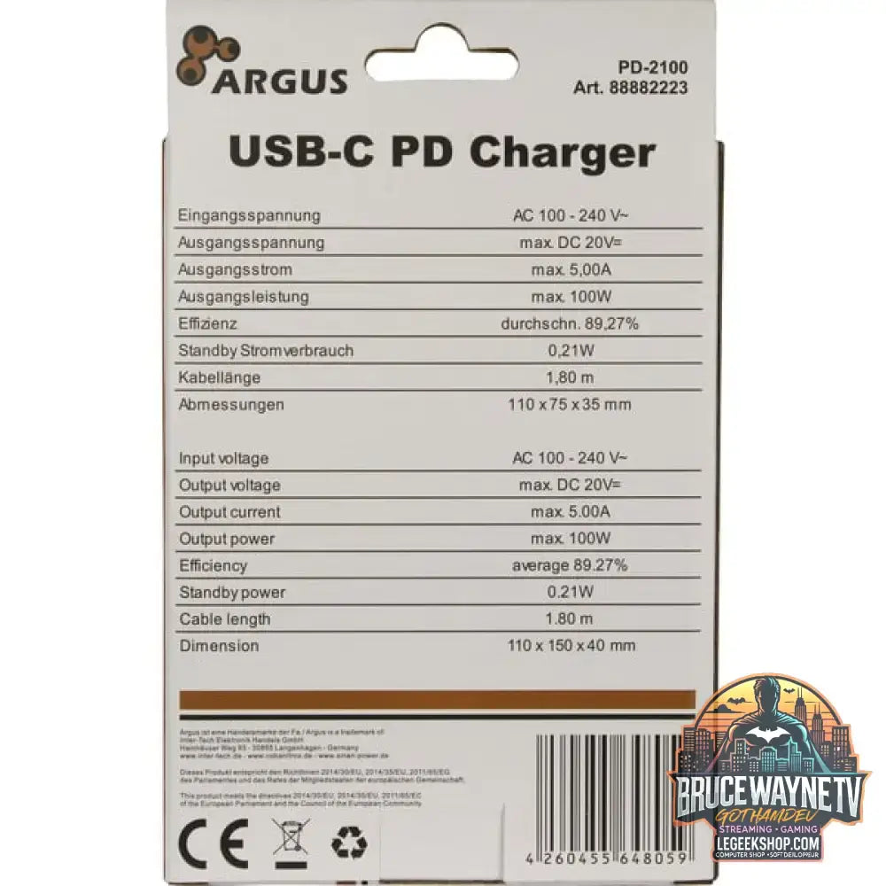 Inter-Tech Ladegerät Argus PD-2100, USB-C Charger schwarz, 1,80m Kabel, PD 3.0, 100 Watt - Inter-Tech - vue 3
