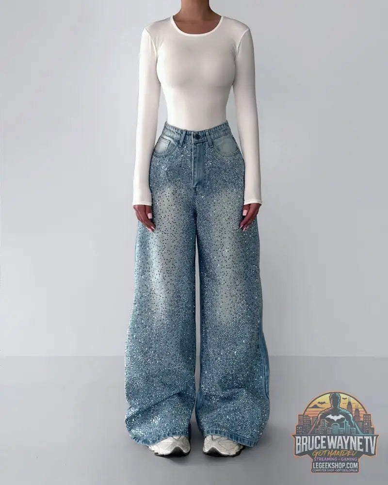 Jean Denim Strass Irréguliers Vintage Élégant - Jean Femme