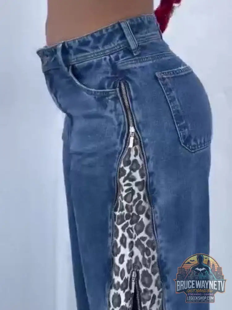 Jean Imprimé Léopard Zip Patchwork Élégant - Jean Femme