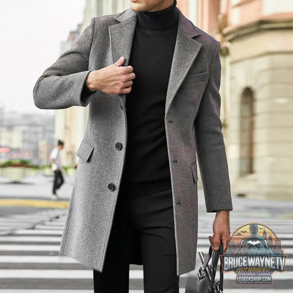 Manteau Long Homme Laine Hiver Col Costume Poches Multiples Gris Noir - Manteau Homme