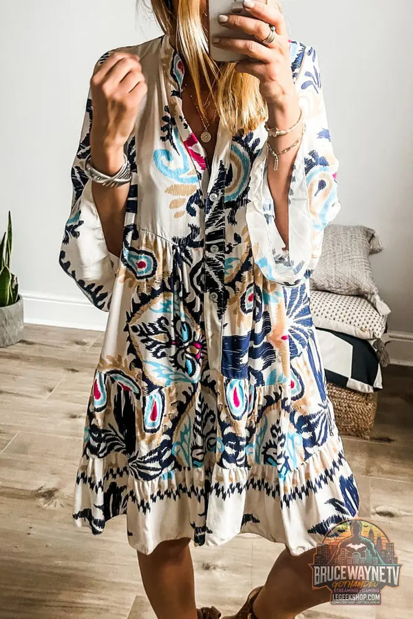 Mini-robe boutonnée à manches bracelet tribal imprimée blanche - White Printed / S / 100% Polyester - Dresses/Mini