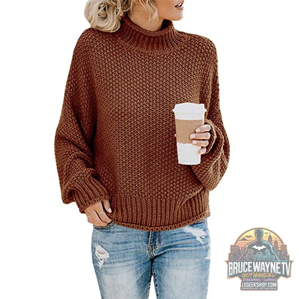 🧶 Pull Femme Col Roulé Tricoté Uni Casual 🧶 - Brick red / S - Pull Femme