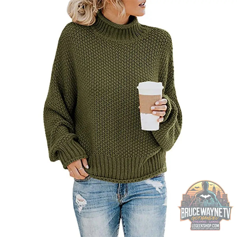 🧶 Pull Femme Col Roulé Tricoté Uni Casual 🧶 - Green / S - Pull Femme