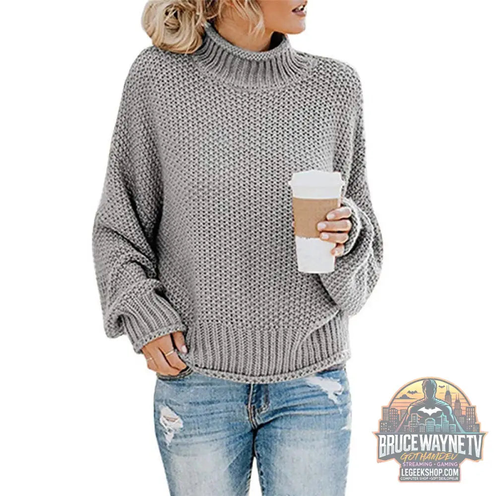 🧶 Pull Femme Col Roulé Tricoté Uni Casual 🧶 - Grey / S - Pull Femme