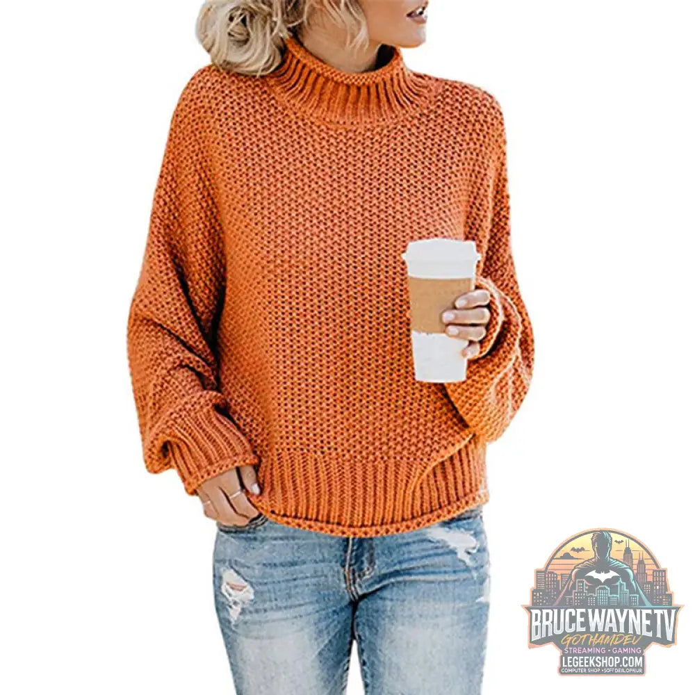 🧶 Pull Femme Col Roulé Tricoté Uni Casual 🧶 - Tangerine / S - Pull Femme