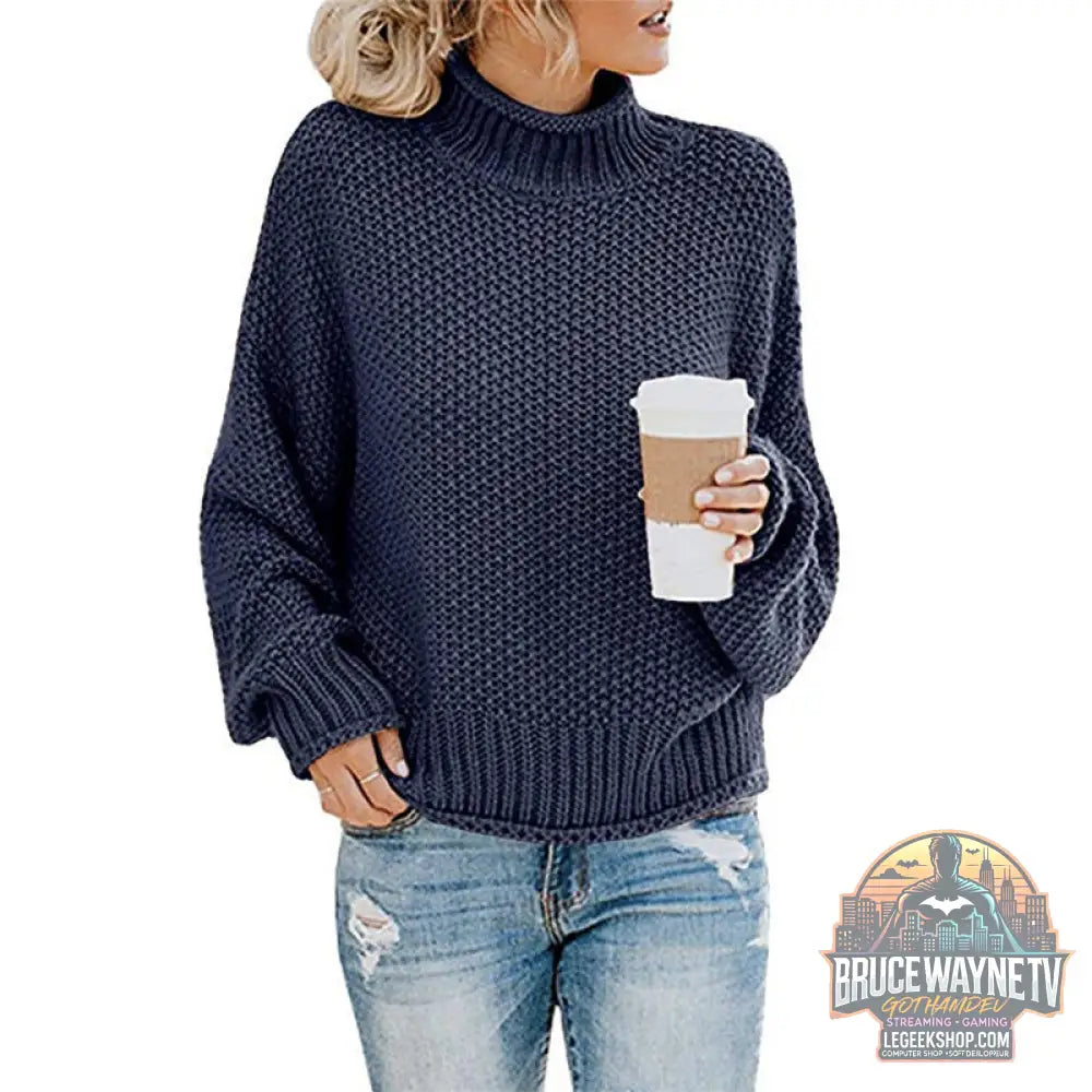 🧶 Pull Femme Col Roulé Tricoté Uni Casual 🧶 - Tibetan blue / 3XL - Pull Femme