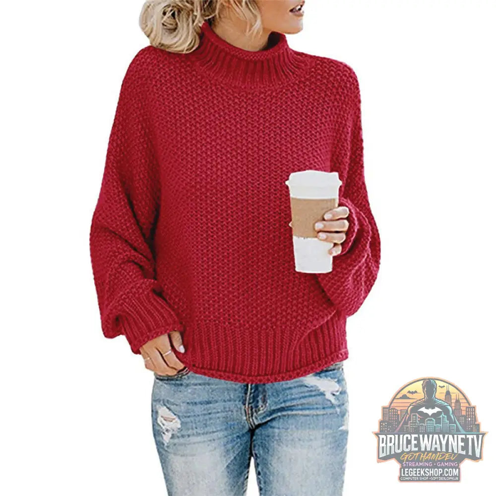 🧶 Pull Femme Col Roulé Tricoté Uni Casual 🧶 - Wine red / 3XL - Pull Femme