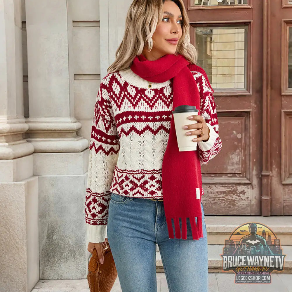 Pull Femme Jacquard Rétro Tricoté Loose Pullover - Pull Femme