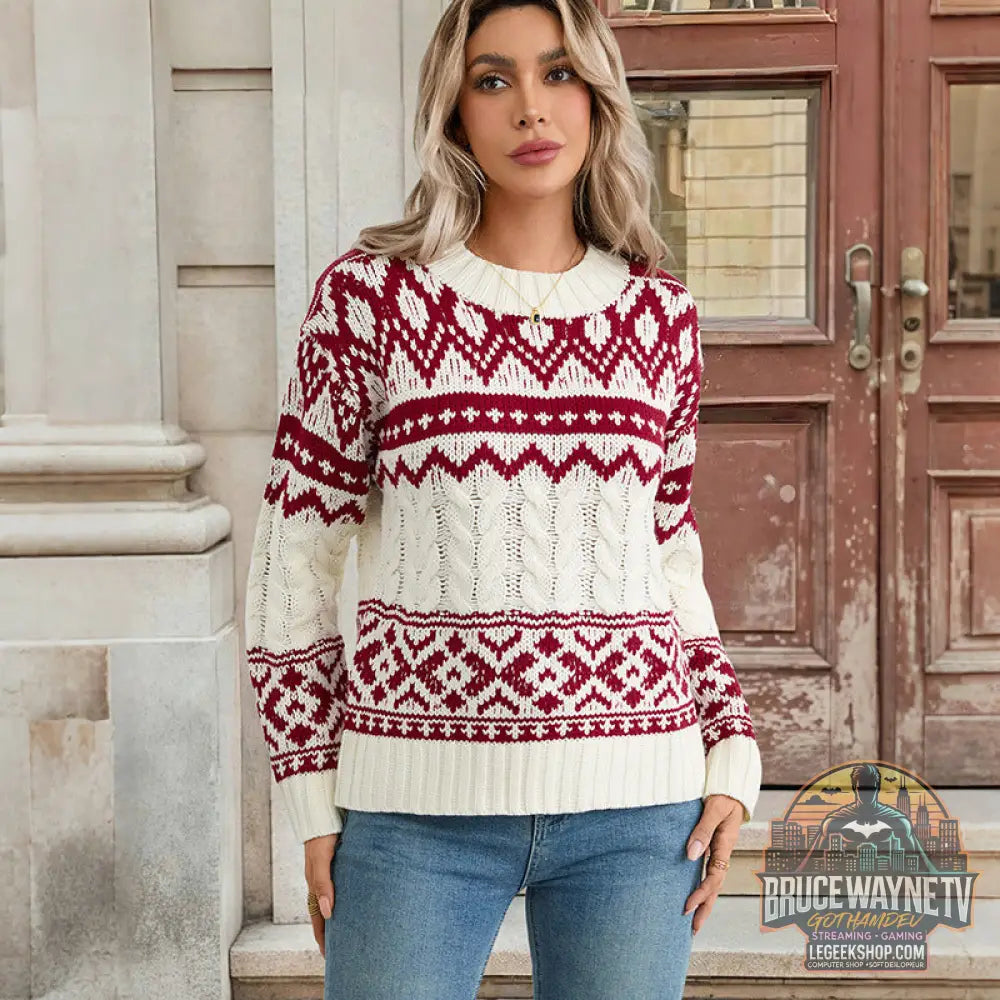 Pull Femme Jacquard Rétro Tricoté Loose Pullover - Pull Femme