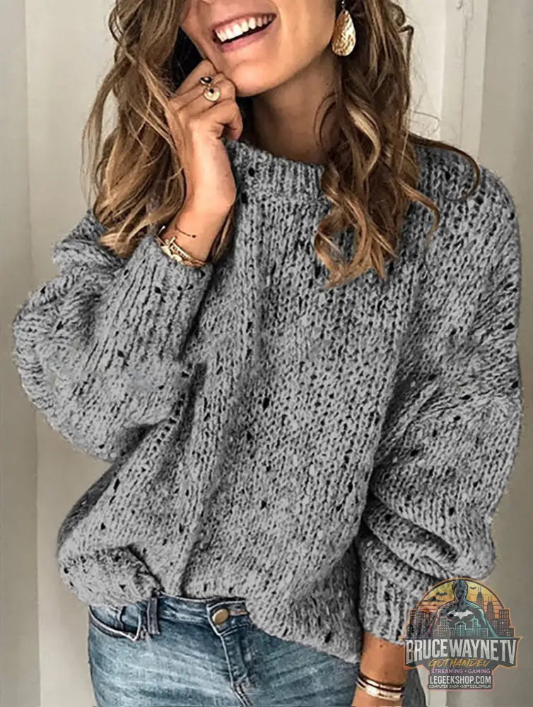 🧶 Pull Femme Tricoté Pois Col Rond Loose Hiver 🧶 - Dark grey / S - Pull Femme