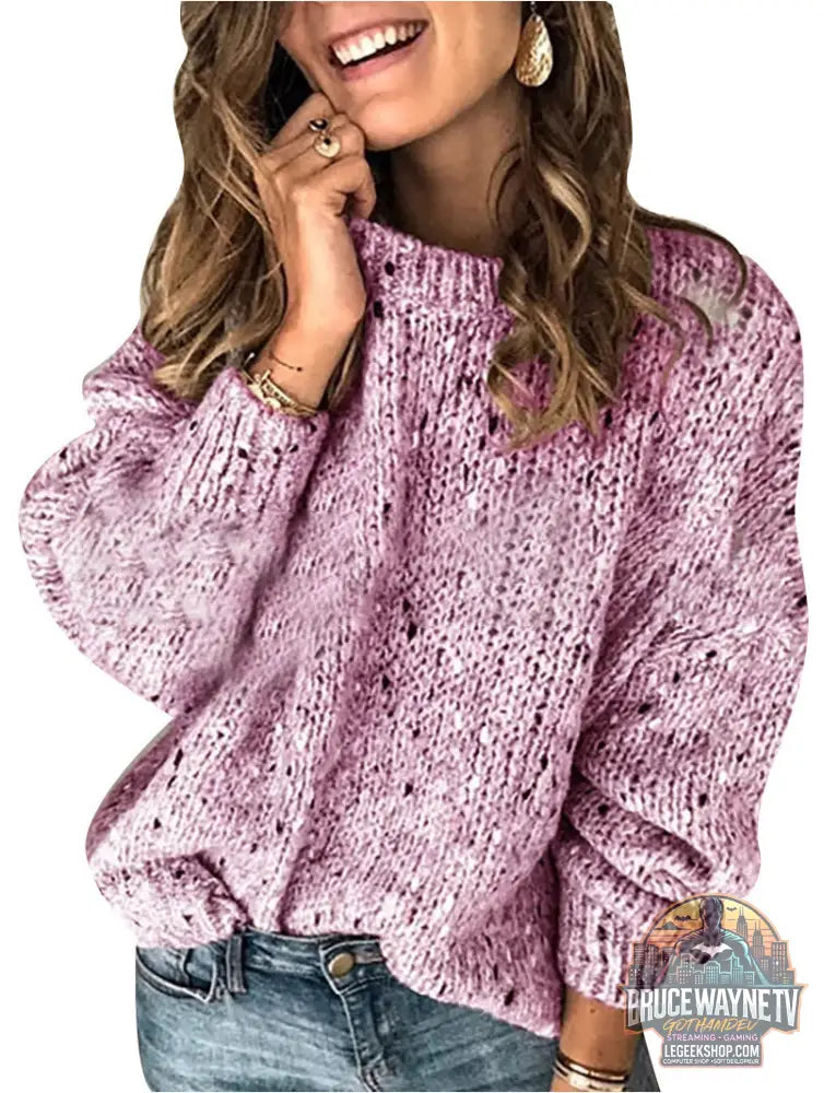 🧶 Pull Femme Tricoté Pois Col Rond Loose Hiver 🧶 - Pink / S - Pull Femme