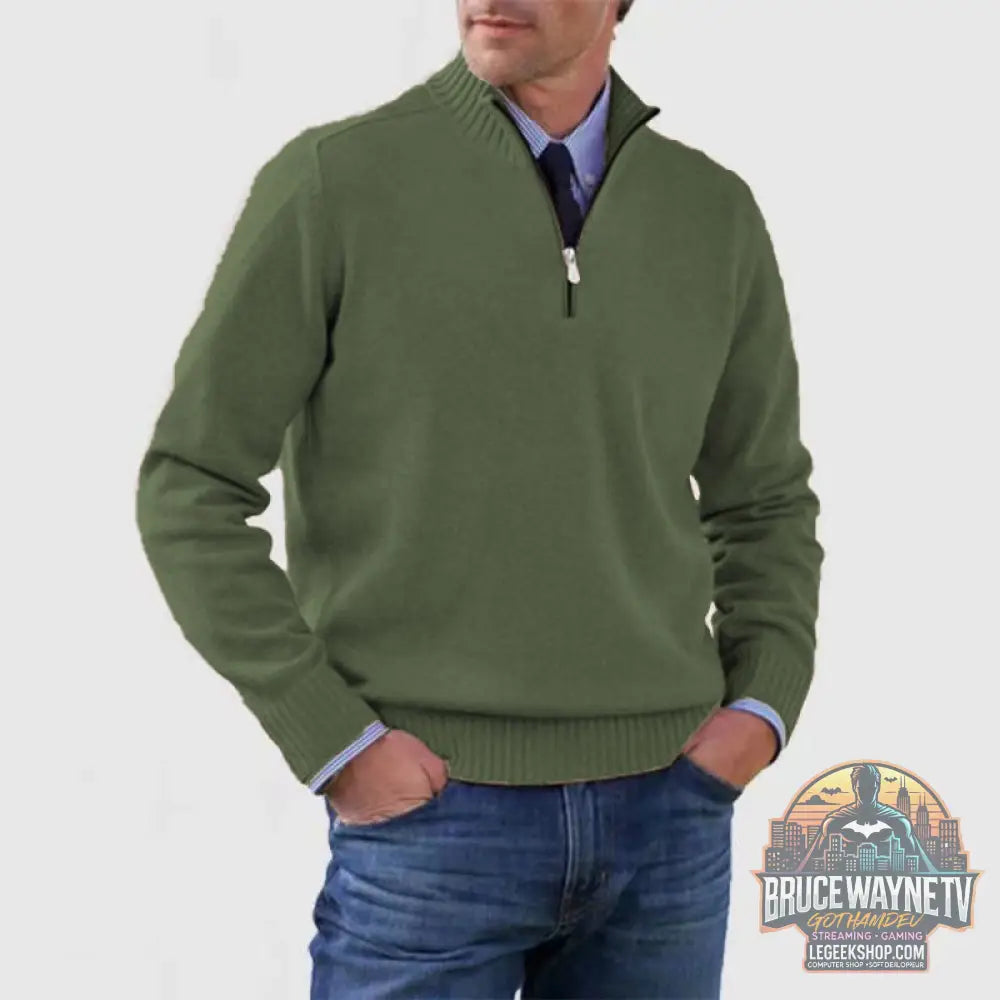 🧶 Pull Homme Col Montant Zip Tricoté Slim Fit 🧶 - Army Green / M - Pull Homme
