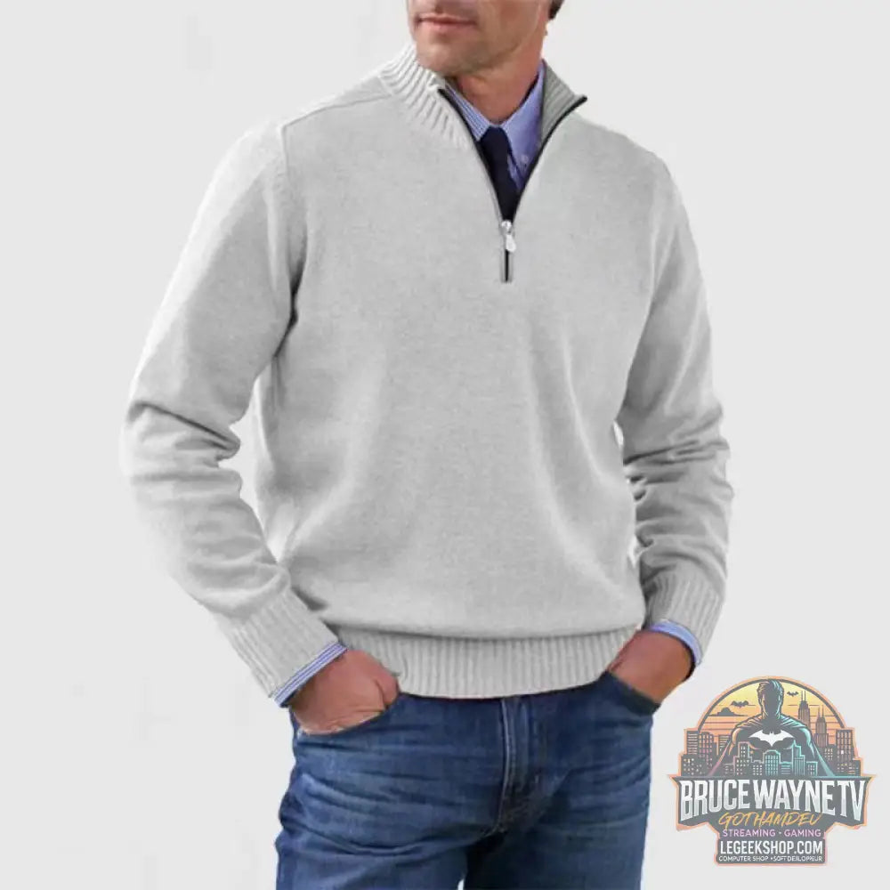 🧶 Pull Homme Col Montant Zip Tricoté Slim Fit 🧶 - Light Grey / L - Pull Homme