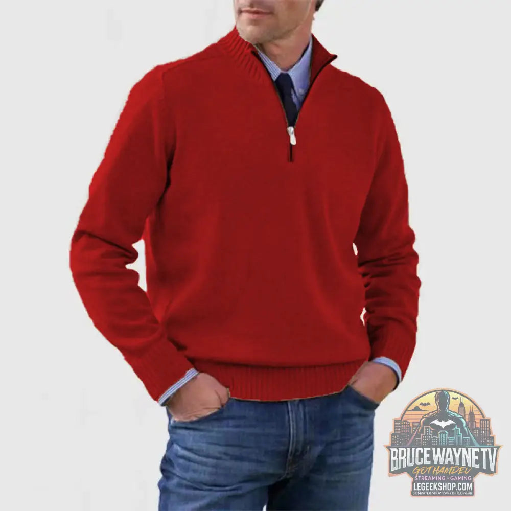 🧶 Pull Homme Col Montant Zip Tricoté Slim Fit 🧶 - Red / M - Pull Homme