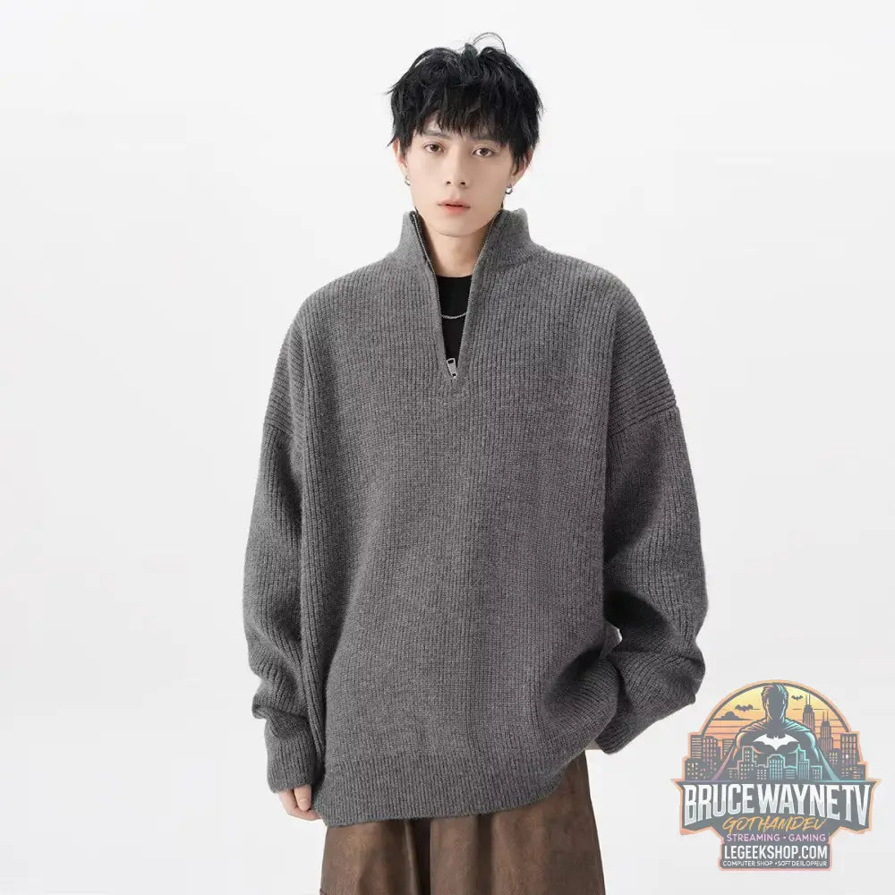 Pull Homme Demi-Zip Destroyed Loose Style Américain - Gray / M - Pull Homme
