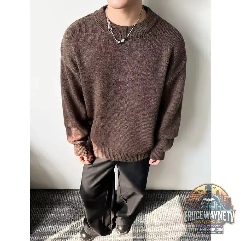Pull Homme Loose Faux 2 Pièces Col Rond Coton Mélangé - Coffee / M - Pull Homme