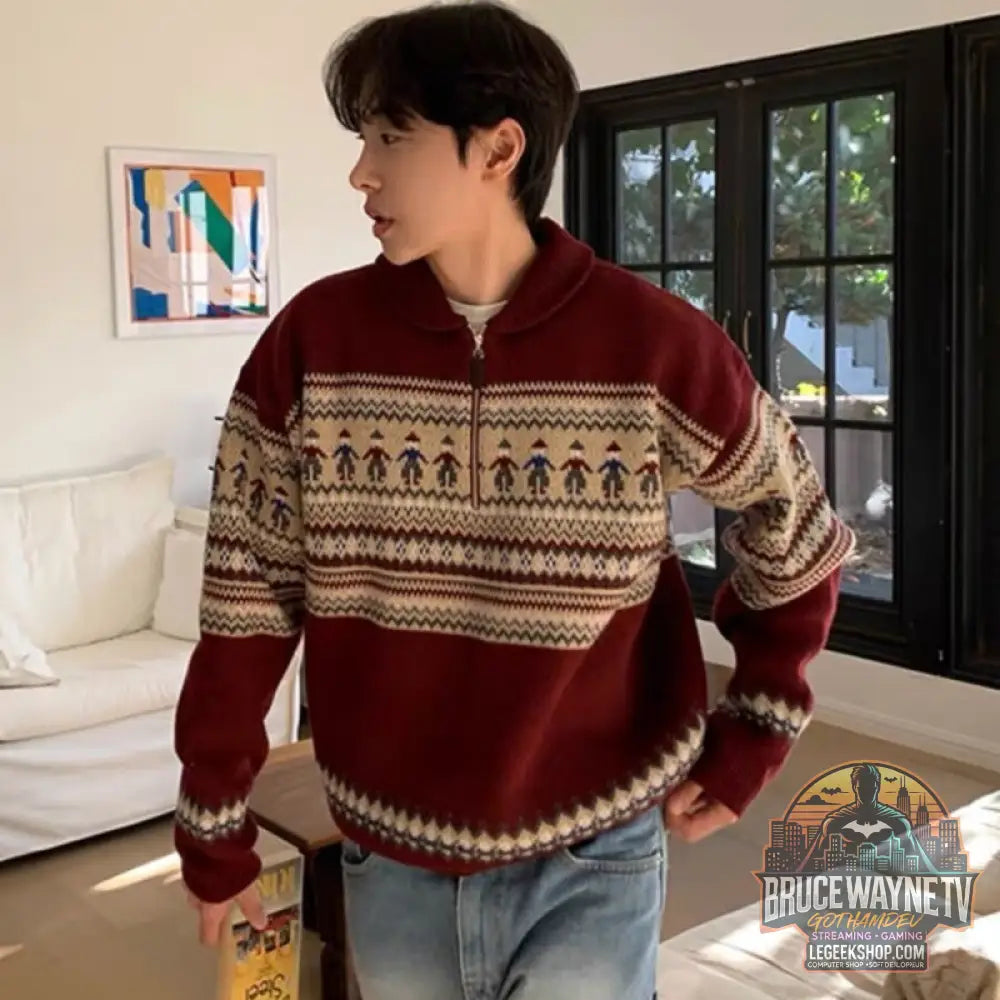 Pull Homme Motif Cerf Peluche Loose Tendance Artistique - Red / M - Pull Homme