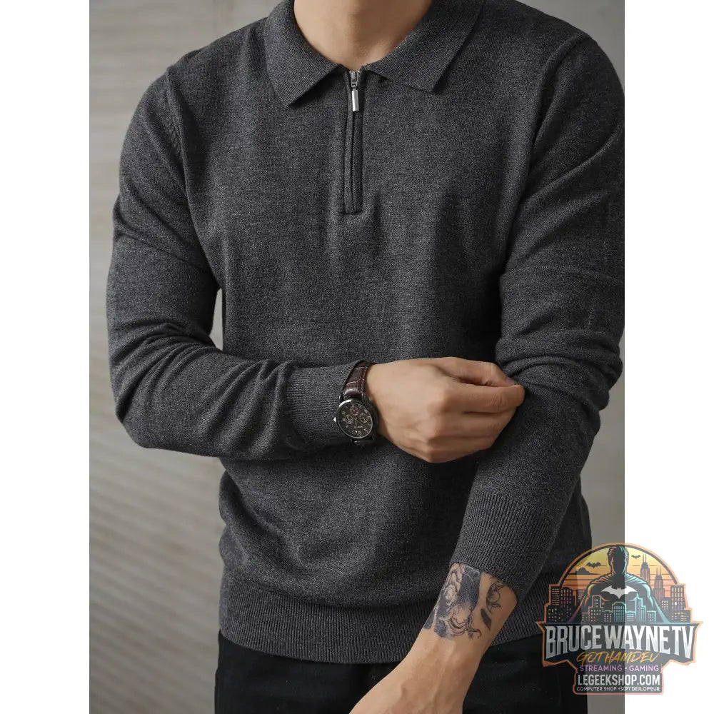 Pull Polo Homme Tricoté Zip Mi-Hauteur Loose - Dark Gray / M - Pull Polo Homme