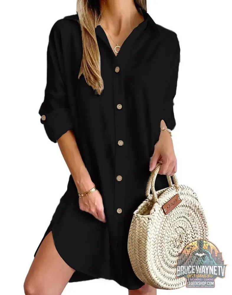 Robe Chemise Automne Manches Longues Col Boutons Casual - Black / S - Robe Femme