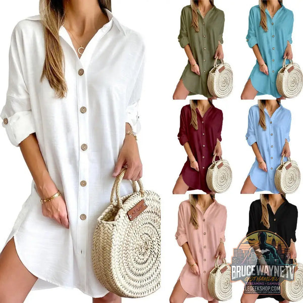 Robe Chemise Automne Manches Longues Col Boutons Casual - Robe Femme