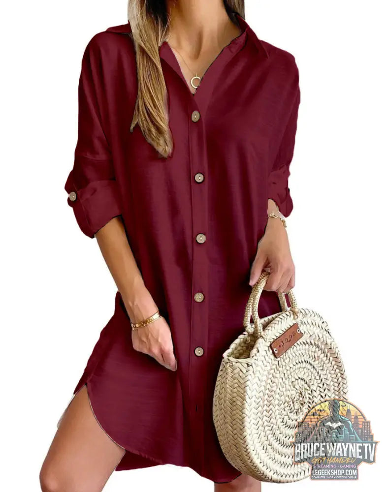 Robe Chemise Automne Manches Longues Col Boutons Casual - Wine Red / S - Robe Femme