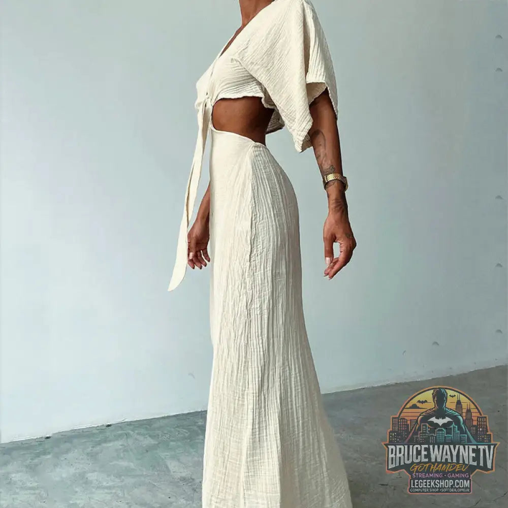 Robe Été Longue Décolleté V Ajourée Taille Élastique - Milky White / S - Robe Été