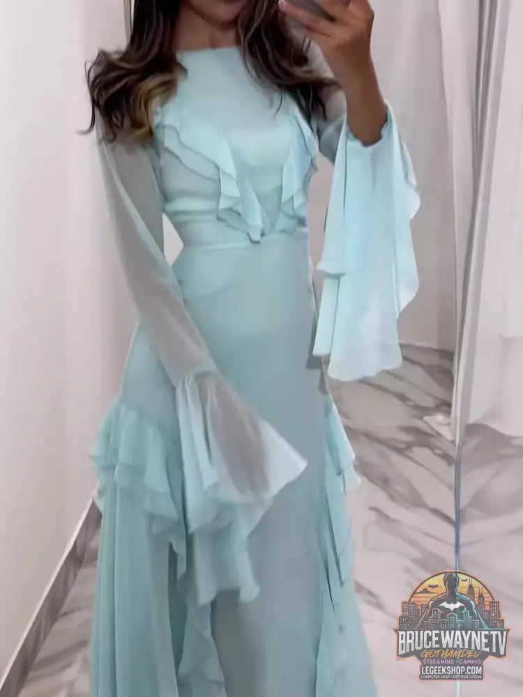 Robe Longue Col Rond Volants Manches Longues Élégante - Robe Femme